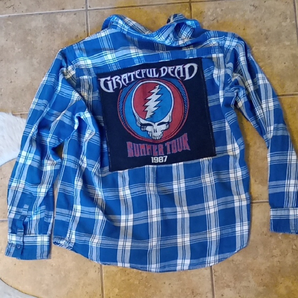 Grateful Dead Blue Button Down Plaid Shirt Womens